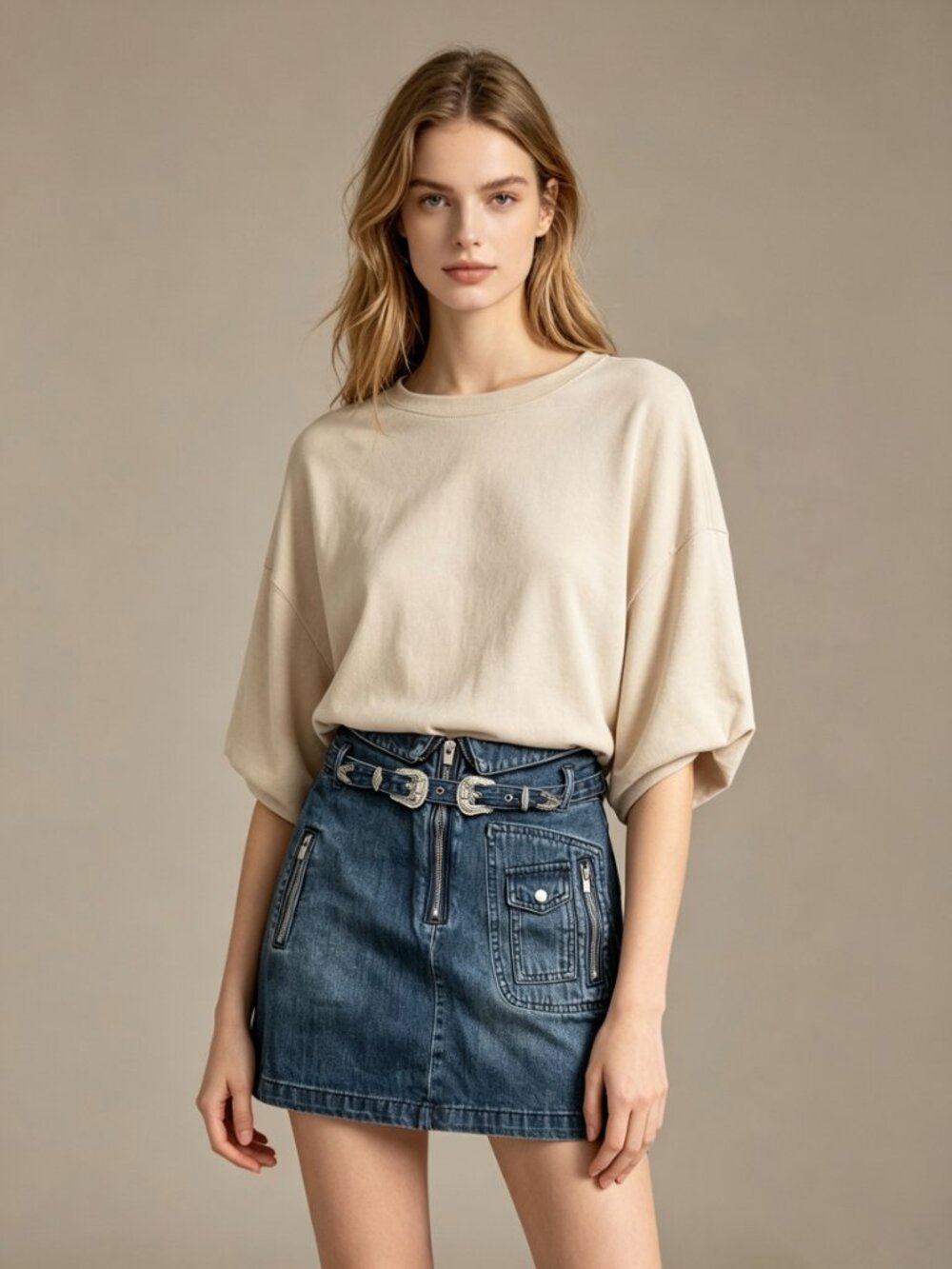 The Kooples Western Buckle Blue Denim Mini Skirt Size 3 W28
